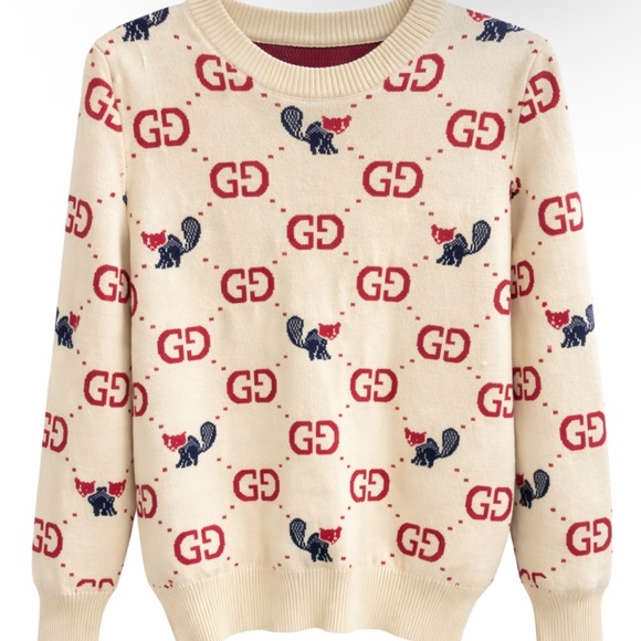 None Sweaters - Cream Crewneck with Red and Navy Fox Motif